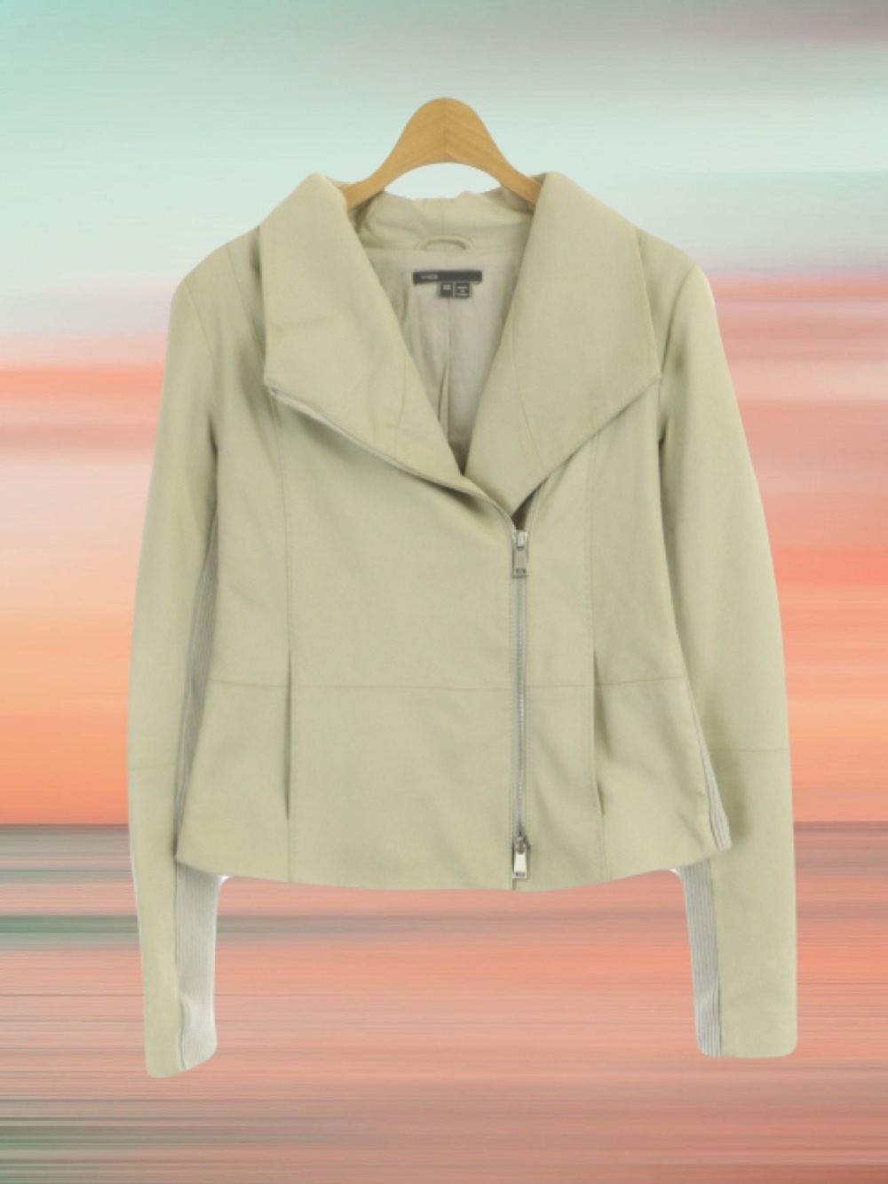 Vince Goat Leather Ribbed Rider Jacket – Light Greige / Beige